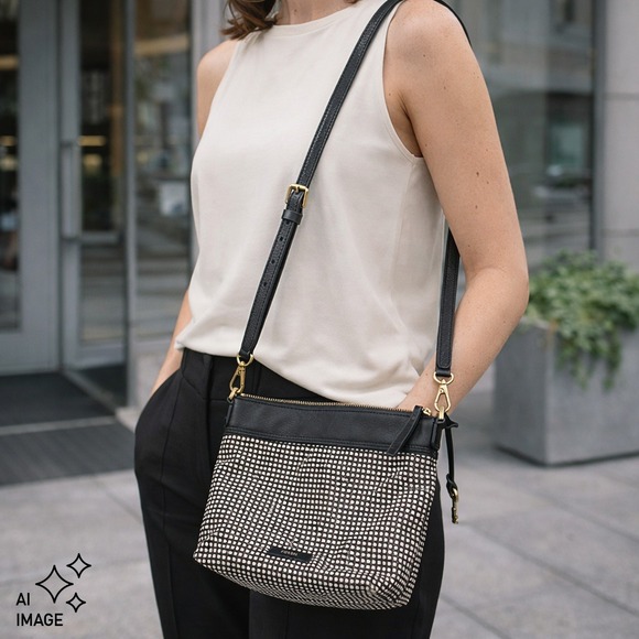 Fossil Handbags - Fossil Woven Black/White Key Crossbody Purse Bag Minimalist Office Careerwear